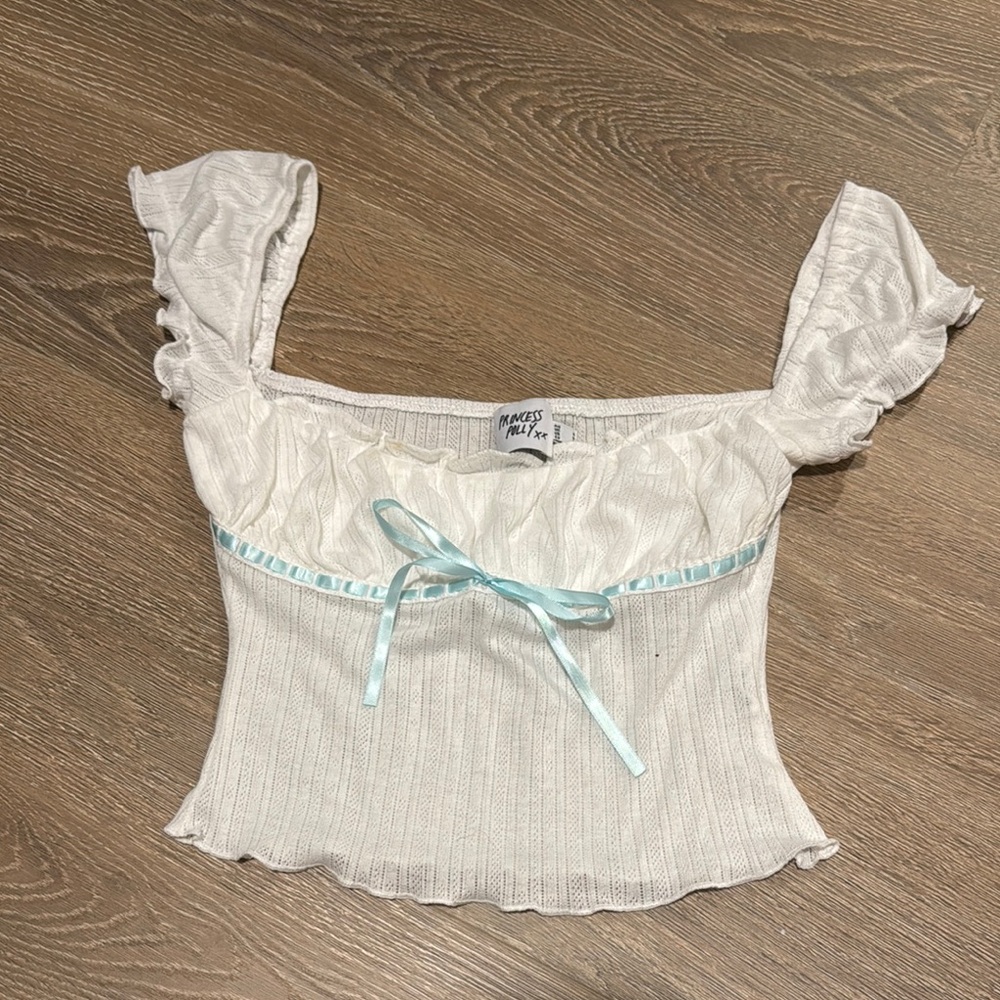 Nasty Gal Cream Ruffled Tie Front Cap Sleeve Blouse